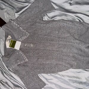 Elegant Gray Knit Cardigan with Embellished Collar